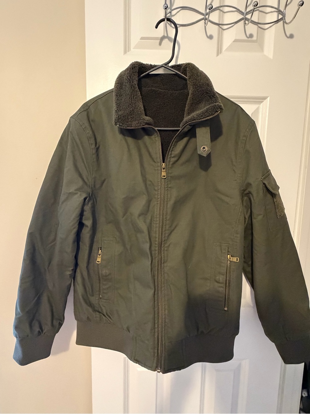 Olive Green Sherpa Lined Bomber Jacket in XL